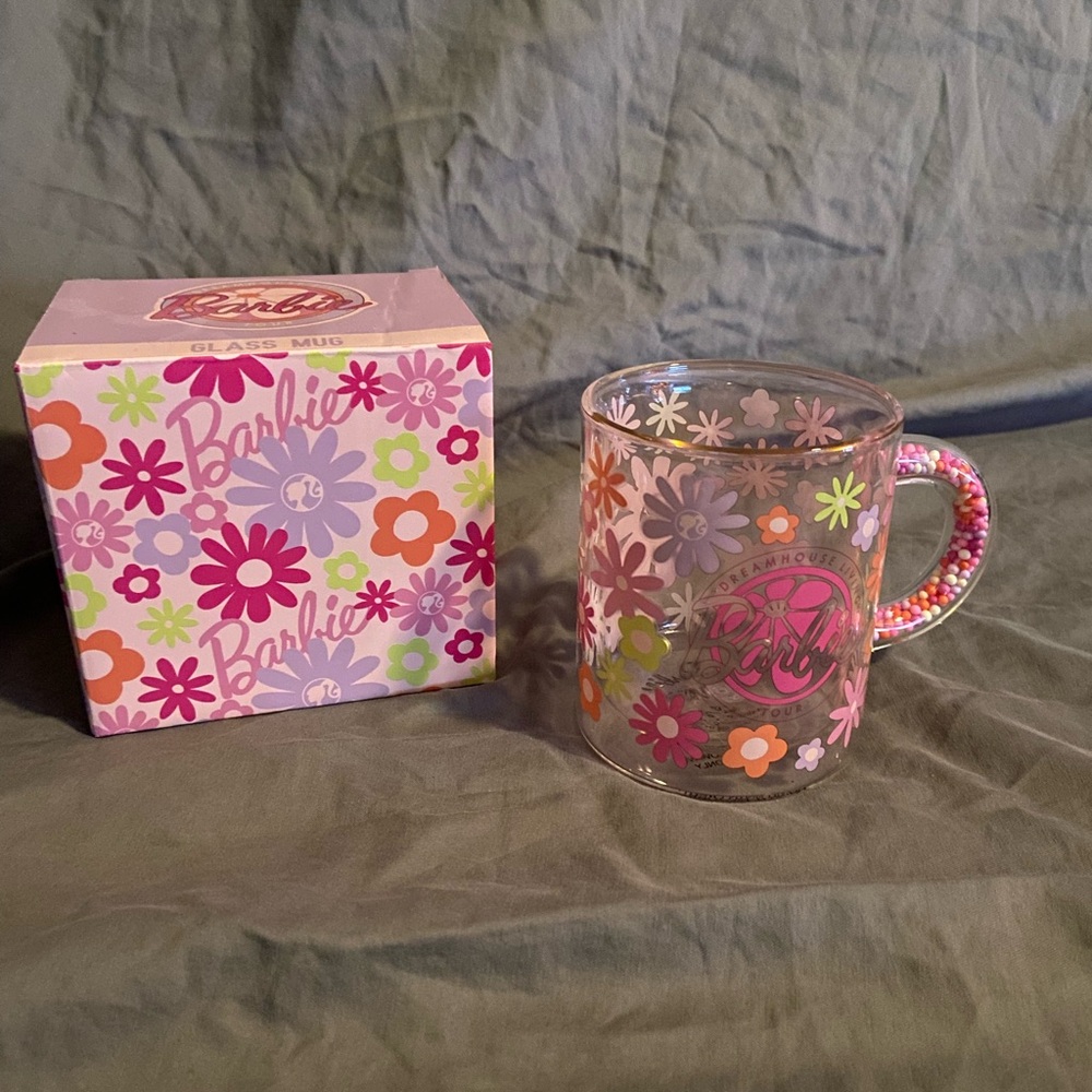 Barbie Pink and White Floral Glass Mug